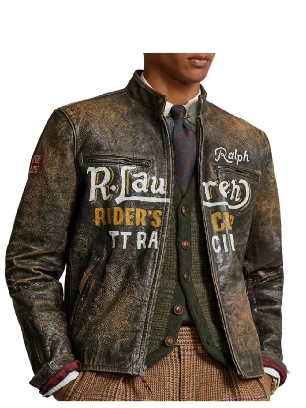 Ralph Lauren Vintage Men's Hand Painted Brown Distressed Leather Rider Jacket - Picture 3 of 16